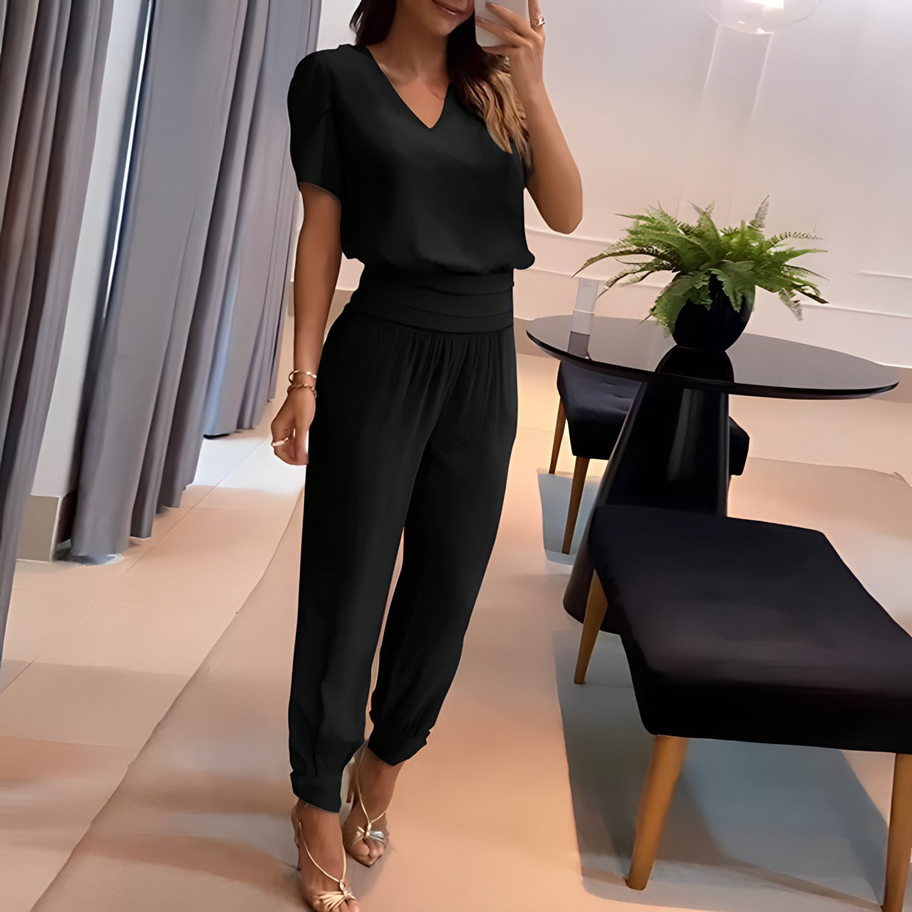 Blouse femme – Coupe décontractée – Tissu luxueux – Col en V – Manches bouffantes