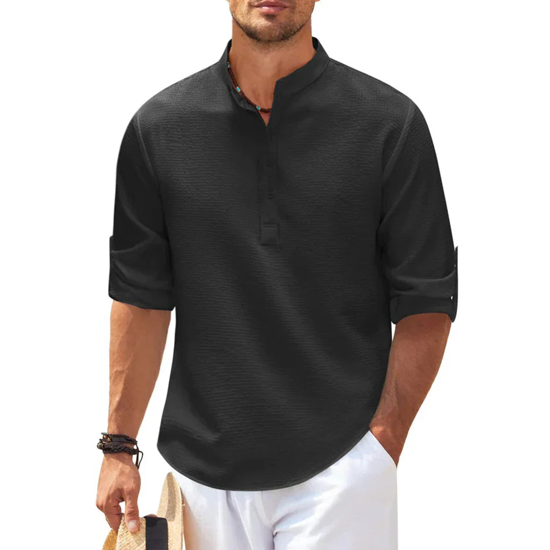 Chemise homme décontractée – Coupe ample – Col mao – Tissu respirant – Manches retroussables