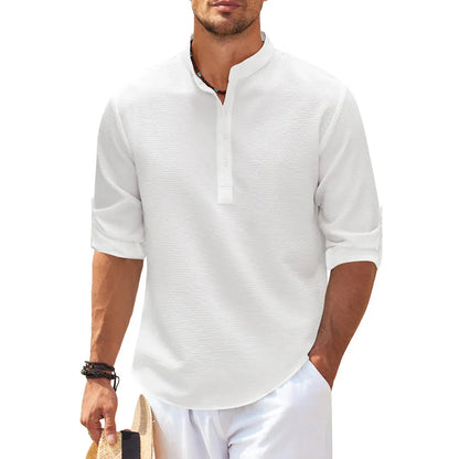 Chemise homme décontractée – Coupe ample – Col mao – Tissu respirant – Manches retroussables