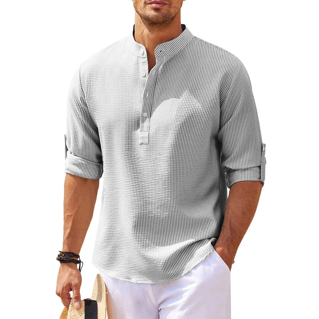 Chemise homme décontractée – Coupe ample – Col mao – Tissu respirant – Manches retroussables