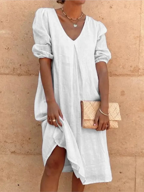 Robe midi femme – Coupe décontractée – Tissu respirant – Manches froncées – Col en V