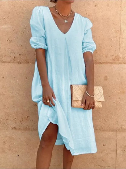 Robe midi femme – Coupe décontractée – Tissu respirant – Manches froncées – Col en V