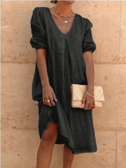 Robe midi femme – Coupe décontractée – Tissu respirant – Manches froncées – Col en V