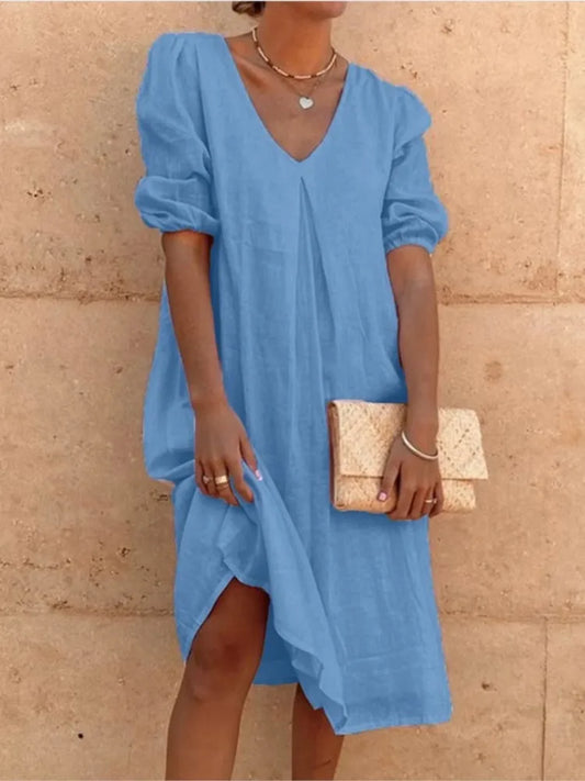 Robe midi femme – Coupe décontractée – Tissu respirant – Manches froncées – Col en V