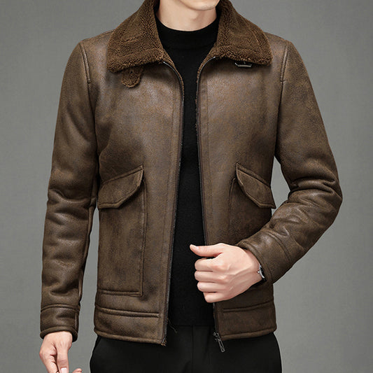 Blouson homme – Coupe structurée – Col en shearling – Fermeture zippée – Poches à rabat