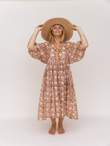 Robe Longue Femme - Fluide et Légère - Manches Bouffantes - Imprimé Fleuri Boho
