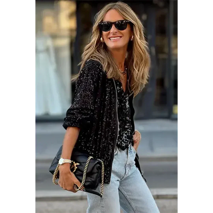 Veste bomber femme – Coupe décontractée – Texture à sequins – Fermeture zippée