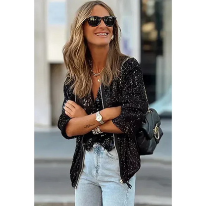 Veste bomber femme – Coupe décontractée – Texture à sequins – Fermeture zippée