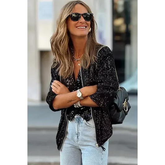 Veste bomber femme – Coupe décontractée – Texture à sequins – Fermeture zippée