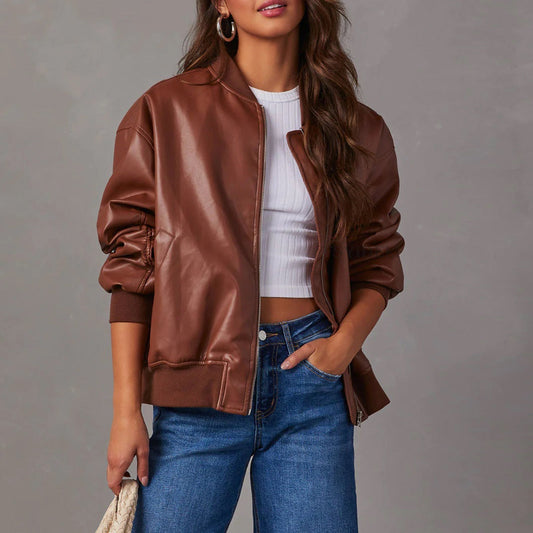 Blouson femme – Coupe décontractée – Cuir lisse – Finition côtelée – Fermeture zippée