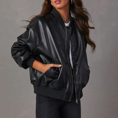 Blouson femme – Coupe décontractée – Cuir lisse – Finition côtelée – Fermeture zippée