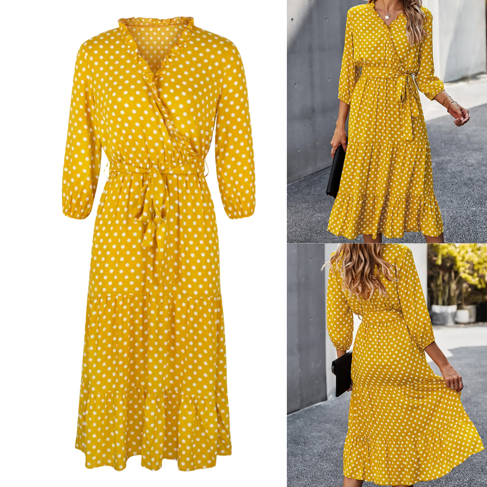 Robe Portefeuille Femme - Manches 3/4 - Longueur Midi - Motif Pois - Coupe Ajustable