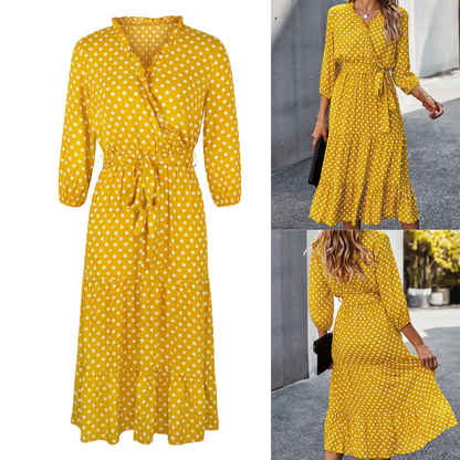 Robe Portefeuille Femme - Manches 3/4 - Longueur Midi - Motif Pois - Coupe Ajustable