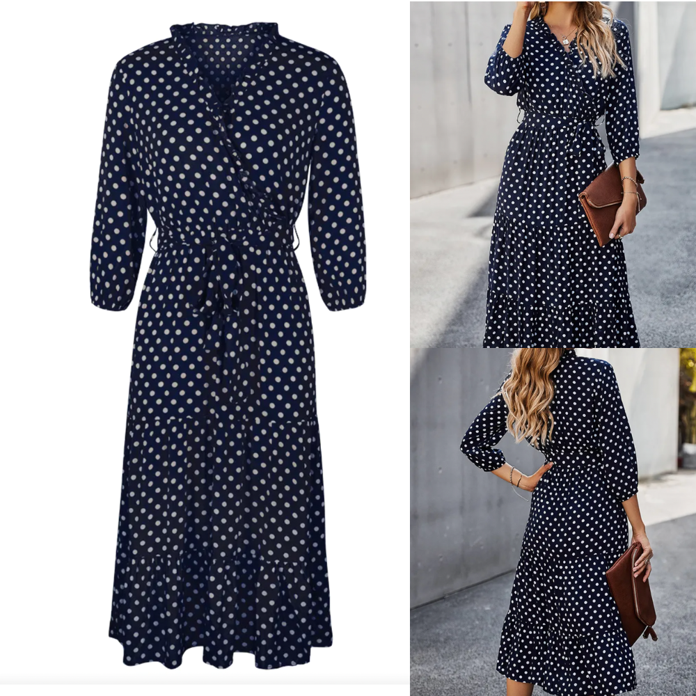 Robe Portefeuille Femme - Manches 3/4 - Longueur Midi - Motif Pois - Coupe Ajustable