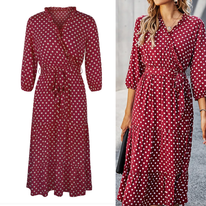Robe Portefeuille Femme - Manches 3/4 - Longueur Midi - Motif Pois - Coupe Ajustable