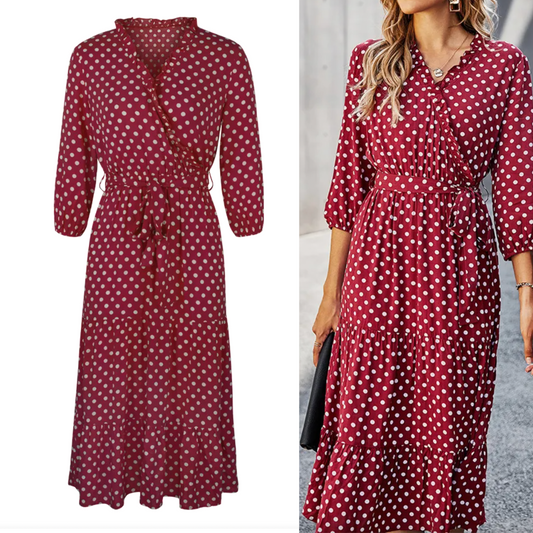 Robe Portefeuille Femme - Manches 3/4 - Longueur Midi - Motif Pois - Coupe Ajustable