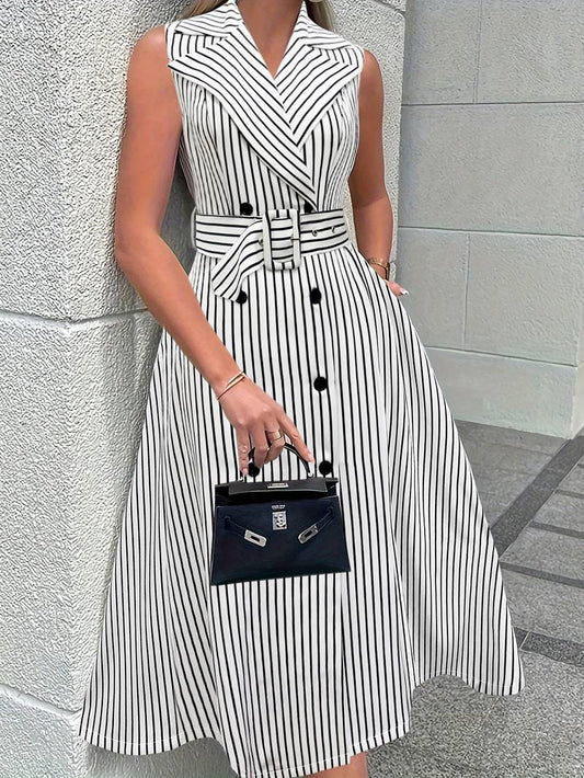 Robe Midi Sans Manches Femme - Boutons Croisés - Ceinture Taille - Coupe Évasée Élégante