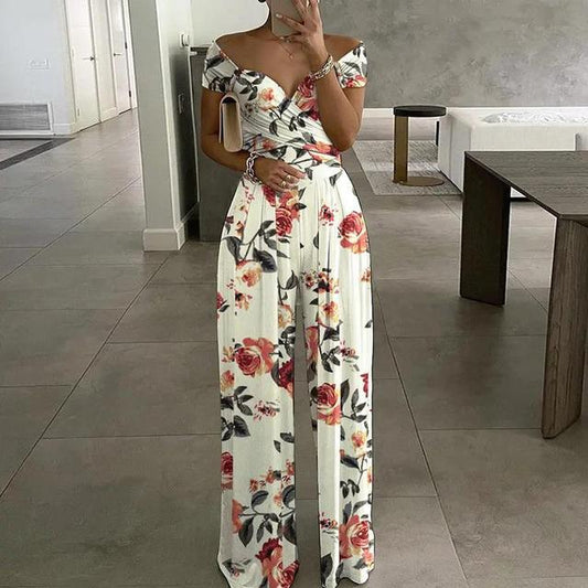 Combinaison Femme – Épaules Dénudées – Décolleté V – Taille Cintrée – Pantalon Large – Motif Floral