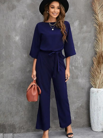 Combinaison Femme - Coupe Ample Élégante - Manches 3/4 - Ceinture Ajustable - Jambes Larges