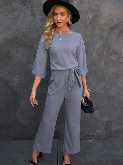 Combinaison Femme - Coupe Ample Élégante - Manches 3/4 - Ceinture Ajustable - Jambes Larges