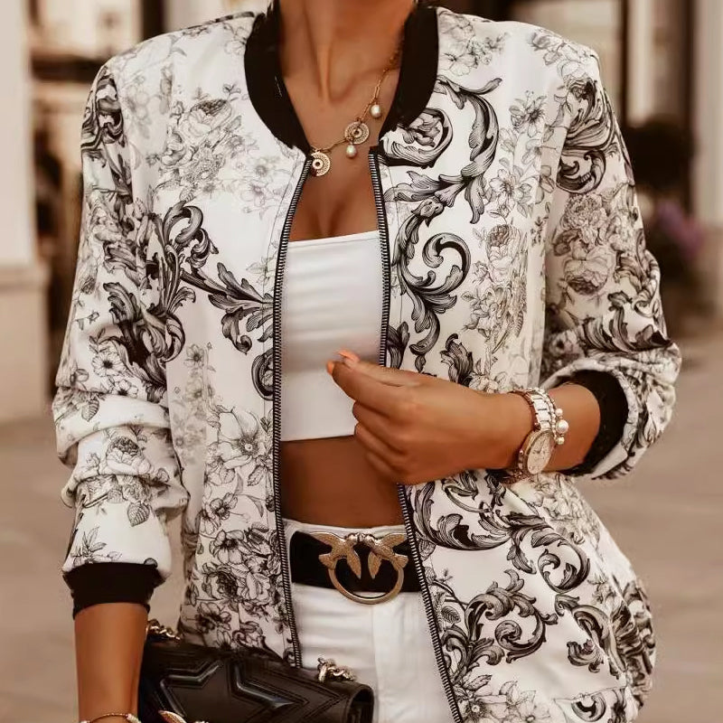 Veste femme style bomber – Coupe décontractée – Imprimé floral – Finition lustrée