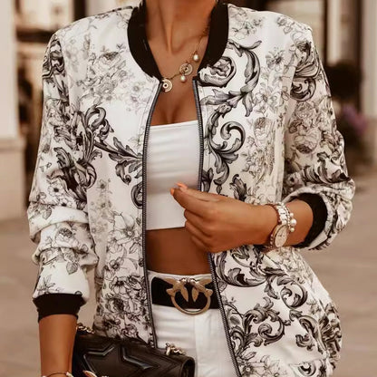 Veste femme style bomber – Coupe décontractée – Imprimé floral – Finition lustrée