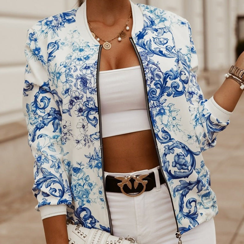 Veste femme style bomber – Coupe décontractée – Imprimé floral – Finition lustrée