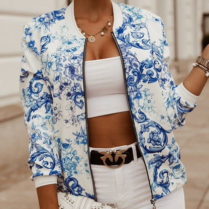 Veste femme style bomber – Coupe décontractée – Imprimé floral – Finition lustrée