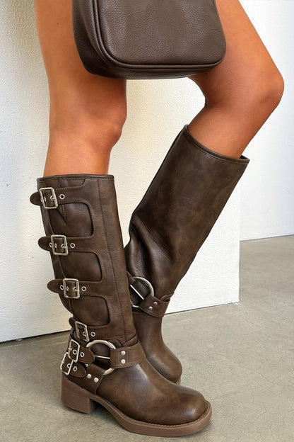 Femme Bottes - Cuir Synthétique Lisse - Longueur Genou - Talon Bloc Compensé