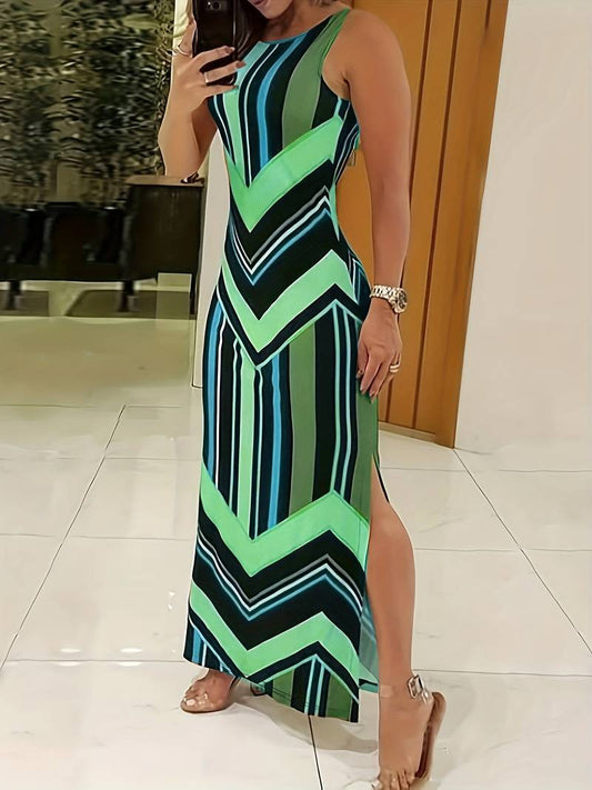 Robe Maxi Femme - Sans Manches - Fendue Côté - Coupe Moulante - Motif Géométrique