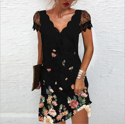 Robe midi femme – Coupe ajustée – Manches en dentelle – Col festonné élégant