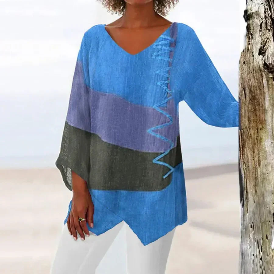 Blouse femme – Coupe décontractée – Tissu respirant – Manches 3/4 – Ourlet asymétrique
