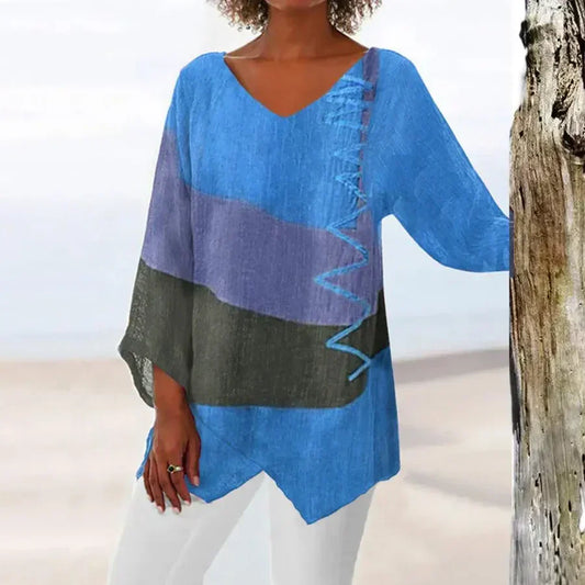 Blouse femme – Coupe décontractée – Tissu respirant – Manches 3/4 – Ourlet asymétrique
