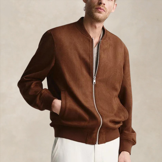 Blouson homme en daim – Coupe droite – Fermeture zippée – Bords côtes élégants