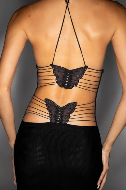 Robe Longue Femme - Dos Nu - Détails Papillon - Tissu Léger Imprimé Fluide