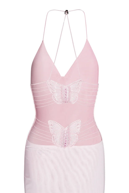 Robe Longue Femme - Dos Nu - Détails Papillon - Tissu Léger Imprimé Fluide