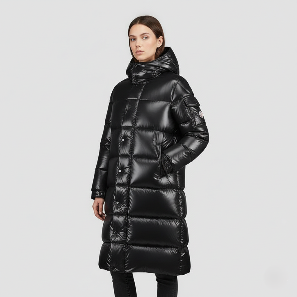 Manteau long femme – Duvet matelassé – Capuche – Finition brillante déperlante