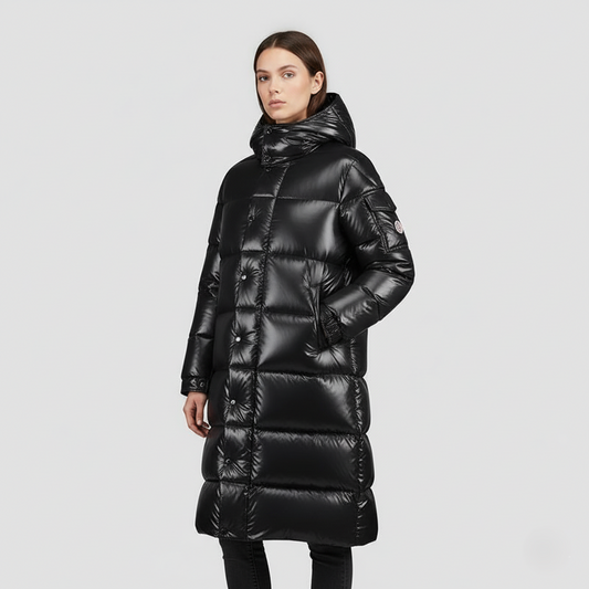 Manteau long femme – Duvet matelassé – Capuche – Finition brillante déperlante