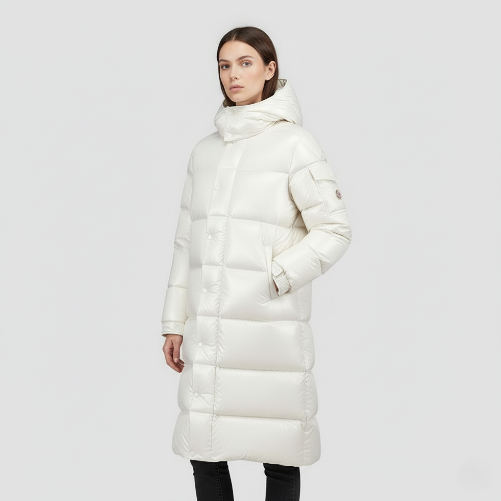 Manteau long femme – Duvet matelassé – Capuche – Finition brillante déperlante
