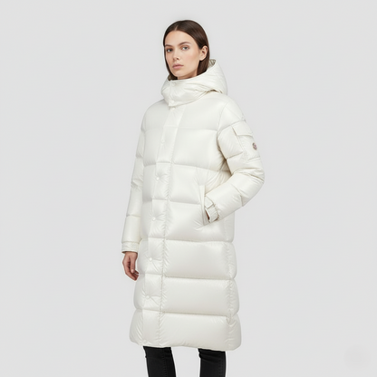 Manteau long femme – Duvet matelassé – Capuche – Finition brillante déperlante