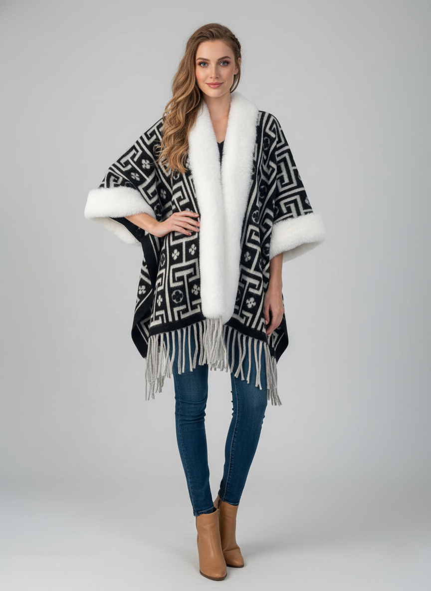 Châle pour femme - Bordure en fausse fourrure - Ourlet à pompons - Style ethnique