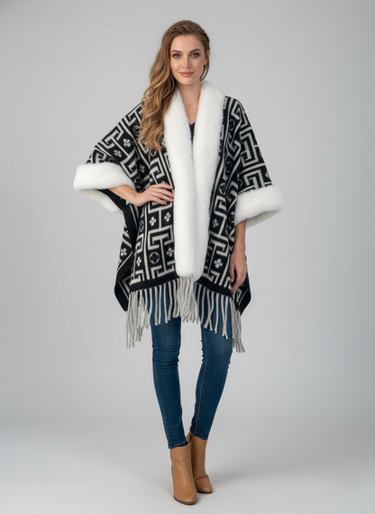Châle pour femme - Bordure en fausse fourrure - Ourlet à pompons - Style ethnique
