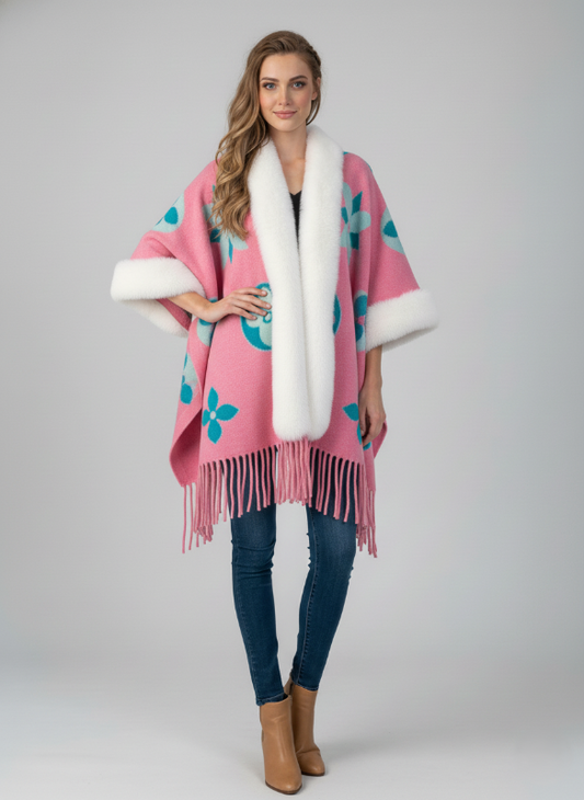 Châle pour femme - Bordure en fausse fourrure - Ourlet à pompons - Style ethnique