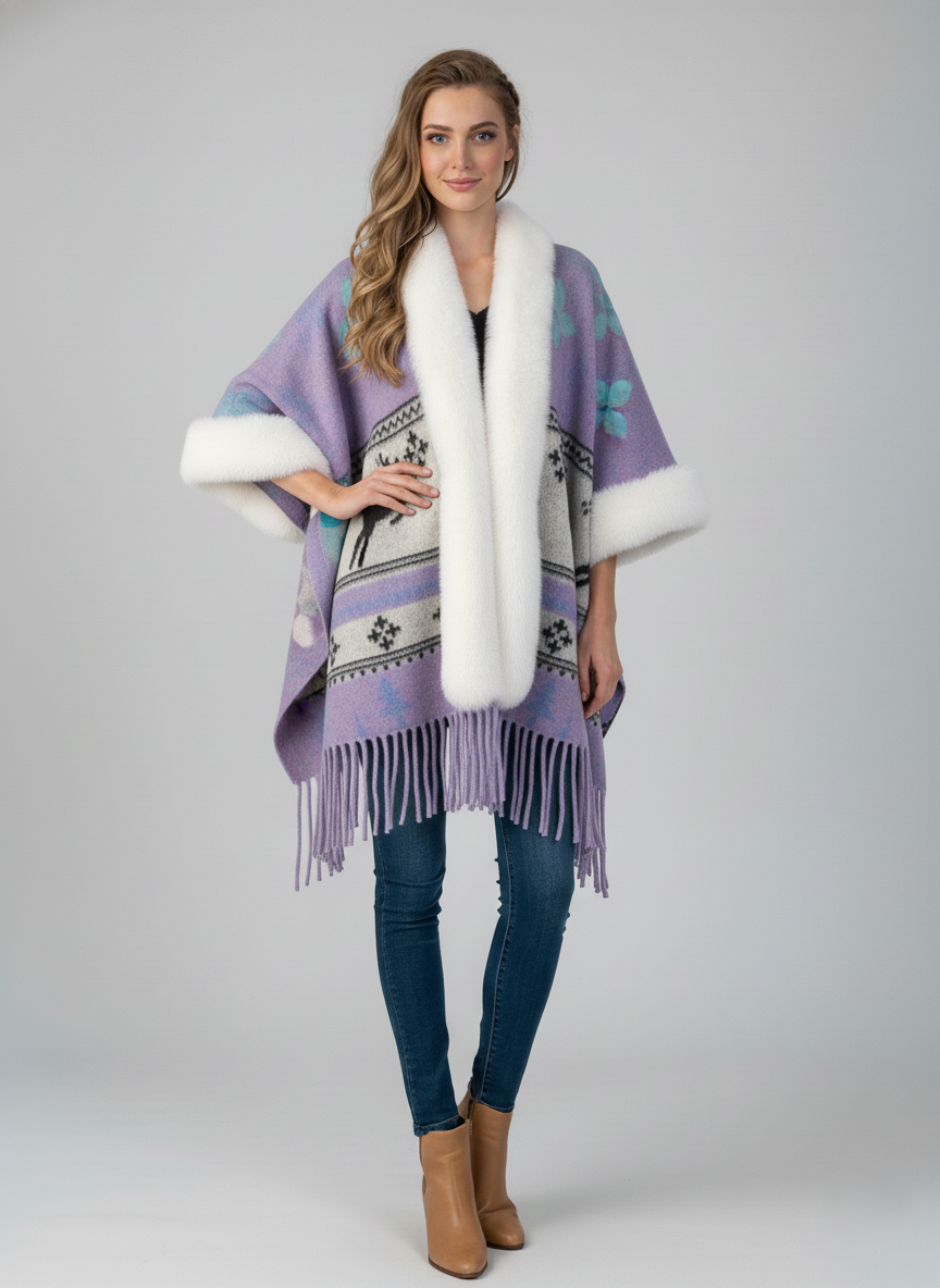 Châle pour femme - Bordure en fausse fourrure - Ourlet à pompons - Style ethnique