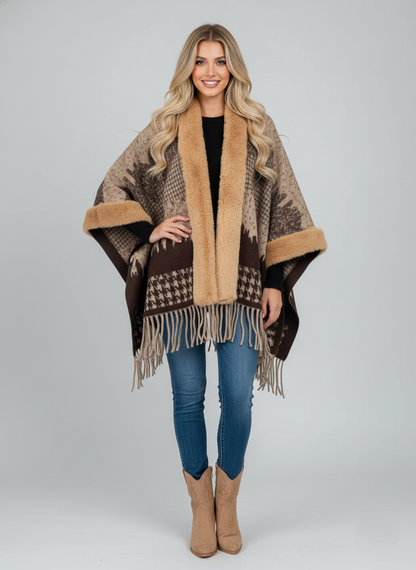 Châle pour femme - Bordure en fausse fourrure - Ourlet à pompons - Style ethnique