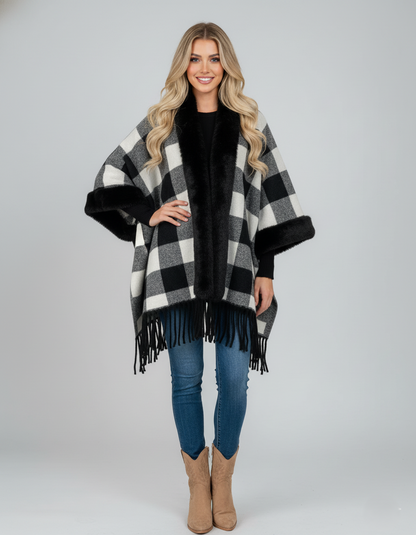 Châle pour femme - Bordure en fausse fourrure - Ourlet à pompons - Style ethnique