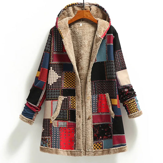 Veste femme – Coupe oversize – Patchwork texturé – Doublure chaude en shearling – Capuche