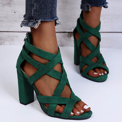 Sandales à Talons Femme – Tissu Luxe – Talon Bloc – Brides Croisées – Bout Ouvert