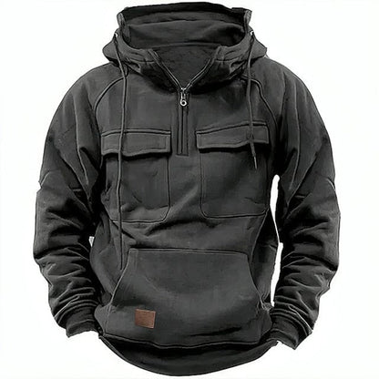 Sweat à capuche homme – Coupe décontractée – Coton – Demi-zip – Poches à rabat