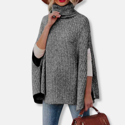 Pull cape femme – Coupe ample – Col montant – Maille côtelée – Mélange laine